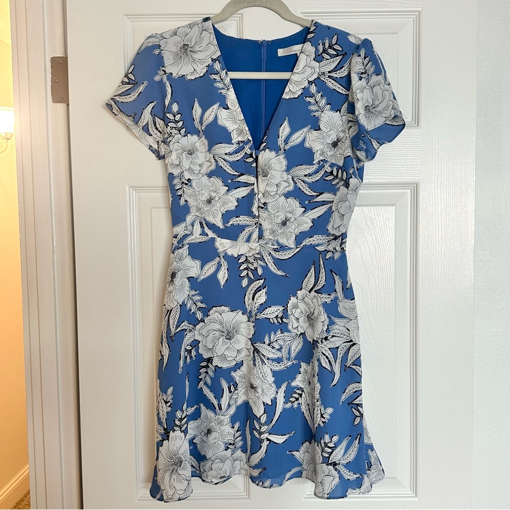 Floral Blue Dress with White and Black Flowers
